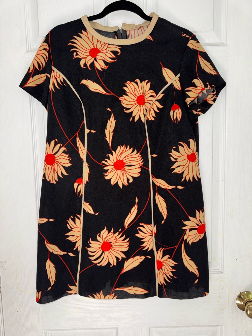 Vintage 60s/70s Black Floral Dress with Tan Blooms